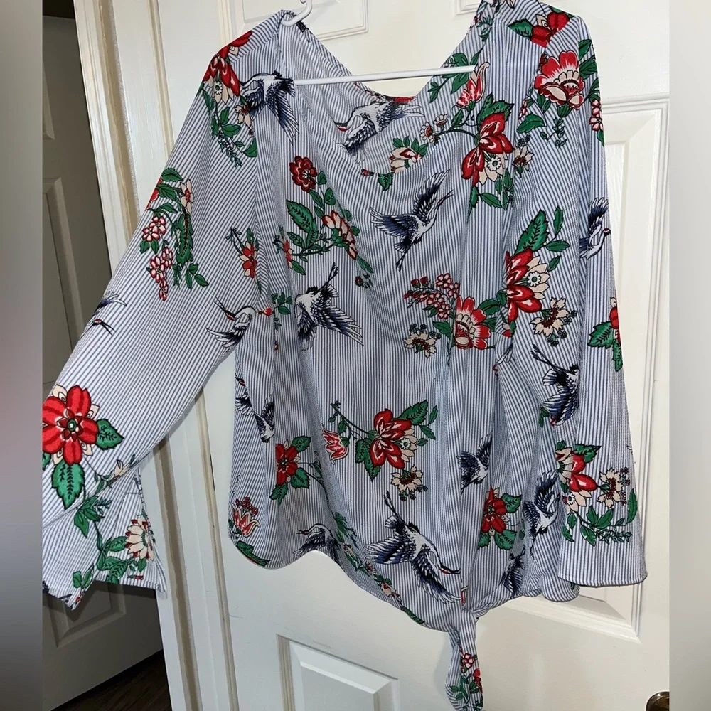 Floral Crane Striped Blouse Sz 2X - Picture 3 of 8